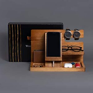 WUTCRFT - Wooden Phone Docking Station/Bedside Nightstand Organizer with Watch, Glasses, Wallet and Accessories Holder, Perfect as a Desk Organizer, Birthday gift, or Gifts for Men