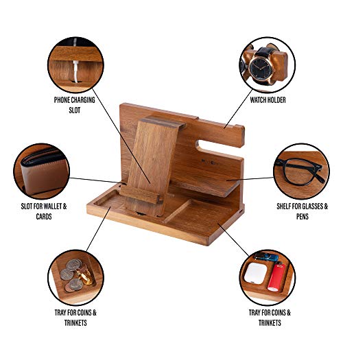 WUTCRFT - Wooden Phone Docking Station/Bedside Nightstand Organizer with Watch, Glasses, Wallet and Accessories Holder, Perfect as a Desk Organizer, Birthday gift, or Gifts for Men