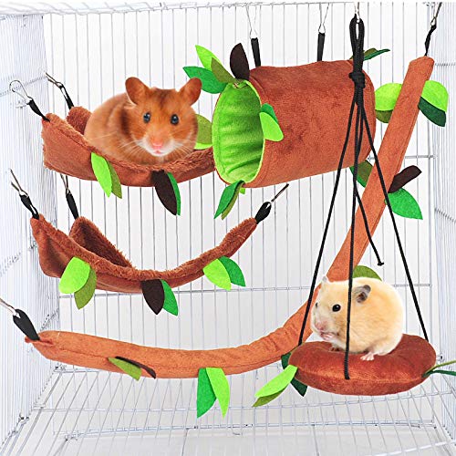 Hamiledyi Hamster Hammock Set,Small Animal Hanging Warm Bed House Hamster Tunnel Toys Cage Nest Accessories for Sugar Glider Hamster Mice Playing Sleeping(5 Pcs )