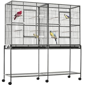 pawhut 65" double rolling metal bird cage feeder with detachable rolling stand, storage shelf, wood perch & food container