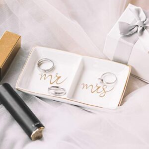 Quany Life Mr Mrs Jewelry Ring Dish Ceramic Trinket Tray Wedding Engagement Gift for Bride Desk Storage for Mrs Engaged Gifts Mr Mrs Gold Engagement Honeymoon Gifts Friend