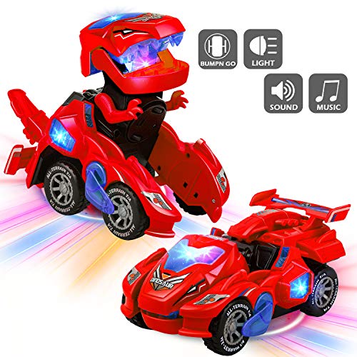 AMENON Transforming Easter Dinosaur Car Toys with LED Light Music Automatic Deformation Dino Race Car Toys for Kids Boy Girls Toddlers 3 Year Old and Up Birthday Holiday Easter Toy Gifts