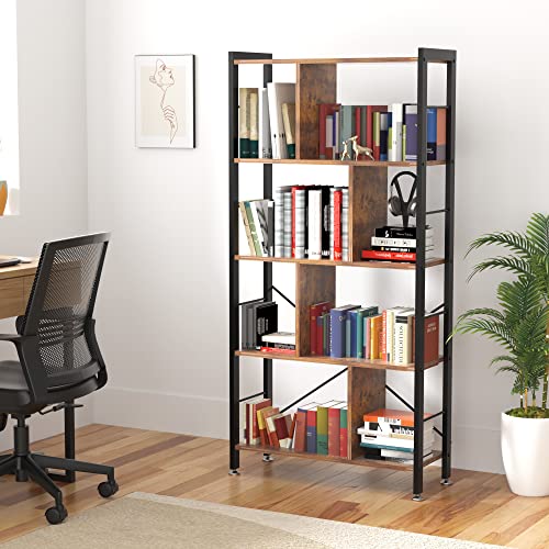 VECELO Home Office 5-Tier Bookshelf and Chair Set, Industrial Book Shelf with Ergonomic Lumbar PU Padded Chairs for Task Work, Black and Brown