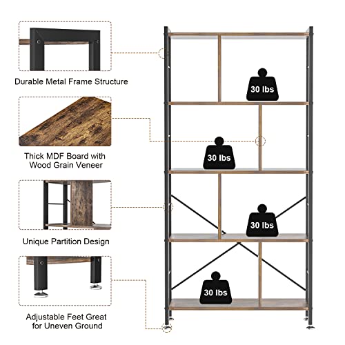 VECELO Home Office 5-Tier Bookshelf and Chair Set, Industrial Book Shelf with Ergonomic Lumbar PU Padded Chairs for Task Work, Black and Brown