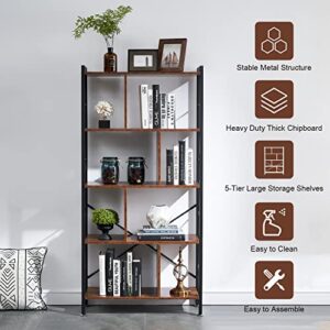VECELO Home Office 5-Tier Bookshelf and Chair Set, Industrial Book Shelf with Ergonomic Lumbar PU Padded Chairs for Task Work, Black and Brown