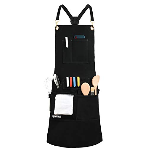 QeeLink Professional Grade Chef Apron for Kitchen, BBQ and Grill with 10 Tool Pockets - Water Resistant Canvas Apron with Quick Release Buckle, Adjustable M to XXXL for Men & Women, Black