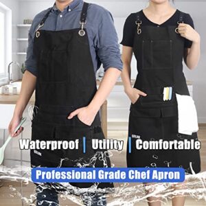 QeeLink Professional Grade Chef Apron for Kitchen, BBQ and Grill with 10 Tool Pockets - Water Resistant Canvas Apron with Quick Release Buckle, Adjustable M to XXXL for Men & Women, Black