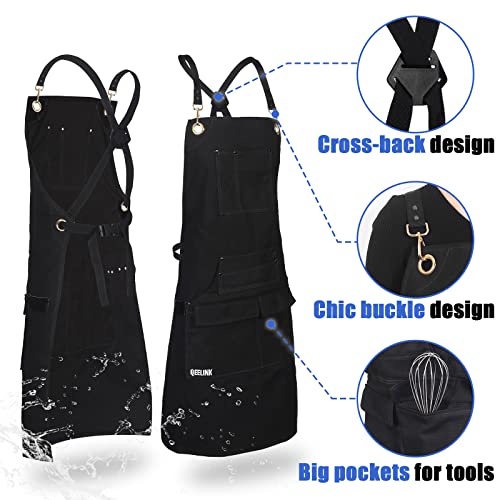 QeeLink Professional Grade Chef Apron for Kitchen, BBQ and Grill with 10 Tool Pockets - Water Resistant Canvas Apron with Quick Release Buckle, Adjustable M to XXXL for Men & Women, Black