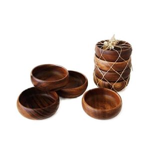 acacia handmade wood carved plates - set of 4 calabash bowls size 4" (round)