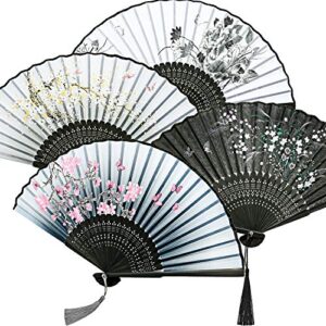 zonon 4 pieces handheld floral folding fans flower hand held fans silk bamboo fans with tassel women's hollowed bamboo hand holding fans for women and men, 4 styles