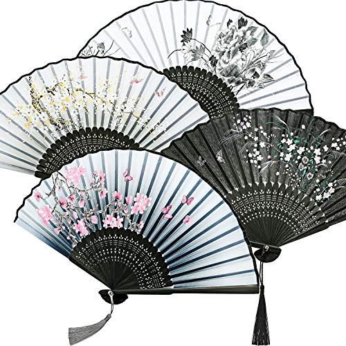 Zonon 4 Pieces Handheld Floral Folding Fans Flower Hand Held Fans Silk Bamboo Fans with Tassel Women's Hollowed Bamboo Hand Holding Fans for Women and Men, 4 Styles