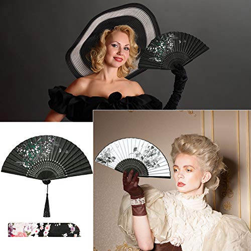 Zonon 4 Pieces Handheld Floral Folding Fans Flower Hand Held Fans Silk Bamboo Fans with Tassel Women's Hollowed Bamboo Hand Holding Fans for Women and Men, 4 Styles