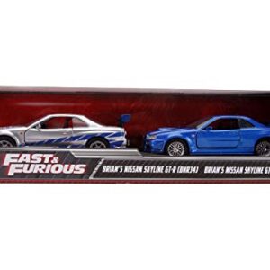 Fast & Furious Brian's Nissan Skyline GT-R R34 Silver & Nissan GT-R R34 Blue 1:32 Die - cast Car, Toys for Kids and Adults