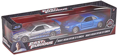 Fast & Furious Brian's Nissan Skyline GT-R R34 Silver & Nissan GT-R R34 Blue 1:32 Die - cast Car, Toys for Kids and Adults