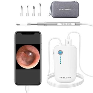 Teslong Otoscope Set with Disposable Covers, Ear Pick, 4.3mm HD Inspection Camera, 6 Adjustable LED Lights with Ear Wax Removal Tools, Works with iPhone, iPad & Android