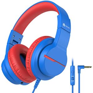 iclever kids headphones for school travel, safe volume 85/94db, hd mic stereo sound over-ear girls boys headphones for kid, funshare foldable 3.5mm wired kids headphones for ipad computer, hs19 blue