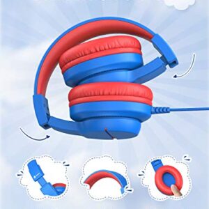 iClever Kids Headphones for School Travel, Safe Volume 85/94dB, HD Mic Stereo Sound Over-Ear Girls Boys Headphones for Kid, FunShare Foldable 3.5mm Wired Kids Headphones for iPad Computer, HS19 Blue