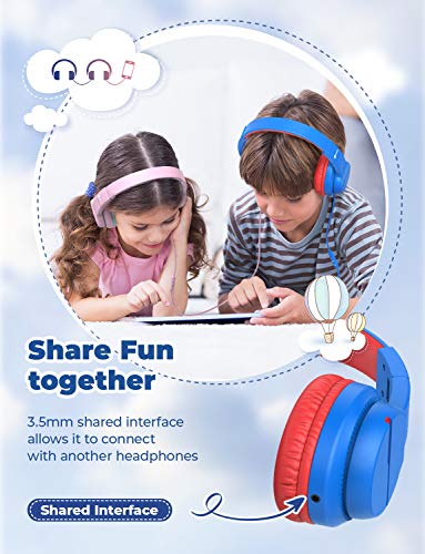 iClever Kids Headphones for School Travel, Safe Volume 85/94dB, HD Mic Stereo Sound Over-Ear Girls Boys Headphones for Kid, FunShare Foldable 3.5mm Wired Kids Headphones for iPad Computer, HS19 Blue