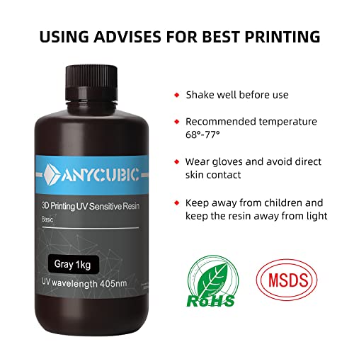 ANYCUBIC 3D Printer Resin, 405nm High Precision Fast Curing UV Photopolymer Resin for LCD 3D Printing, Grey 1kg