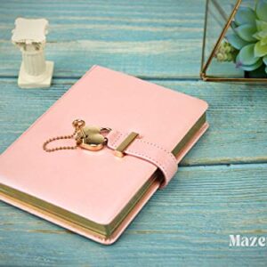 Mazeran Heart Shaped Lock Journal, PU Leather Hard Cover Gold Gild Edge Notebook Travel Diary, B6 Lined Locking with Key Personal Planner Secret Organizers Gift for Girls Women Daughter