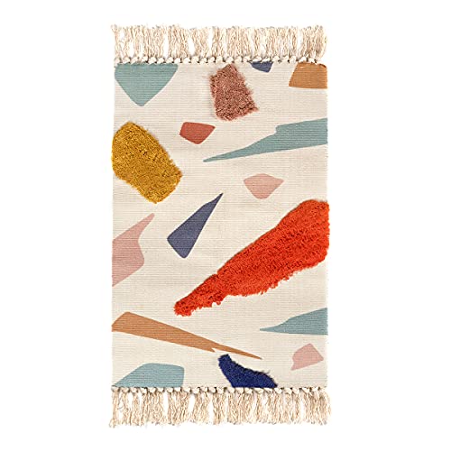 LIVEBOX Cute Bathroom Rug 2' x3' Small Multi-Color Block Kids Area Rug with Tassel Hand Woven Cotton Tufted Indoor Rugs for Bedroom Kitchen Entryway Laundry Wall Hanging