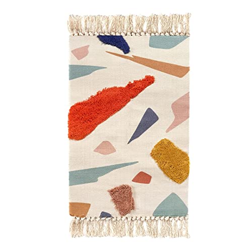 LIVEBOX Cute Bathroom Rug 2' x3' Small Multi-Color Block Kids Area Rug with Tassel Hand Woven Cotton Tufted Indoor Rugs for Bedroom Kitchen Entryway Laundry Wall Hanging