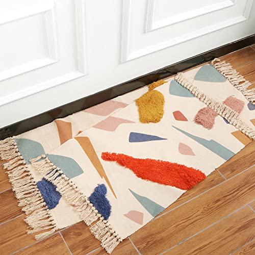 LIVEBOX Cute Bathroom Rug 2' x3' Small Multi-Color Block Kids Area Rug with Tassel Hand Woven Cotton Tufted Indoor Rugs for Bedroom Kitchen Entryway Laundry Wall Hanging