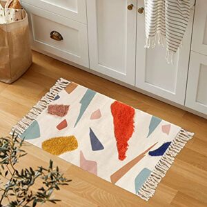 LIVEBOX Cute Bathroom Rug 2' x3' Small Multi-Color Block Kids Area Rug with Tassel Hand Woven Cotton Tufted Indoor Rugs for Bedroom Kitchen Entryway Laundry Wall Hanging