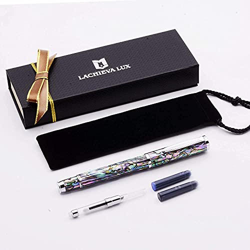 LACHIEVA Sea Shell Abalone Fountain Pen with Germany SCHMIDT Fine Nib. Luxury Pen for Every holiday. Nice Writing Handmade Premium Pen Gift Set for Men and Women.