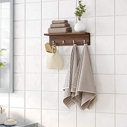 SONGMICS Coat Rack with Shelf, Wall-Mounted Coat Rack, with 4 Metal Dual Hooks for Coats, Bags, for Entryway, Bedroom, Living Room, Rustic Brown ULHR042X01