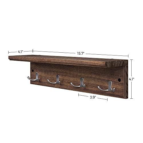 SONGMICS Coat Rack with Shelf, Wall-Mounted Coat Rack, with 4 Metal Dual Hooks for Coats, Bags, for Entryway, Bedroom, Living Room, Rustic Brown ULHR042X01