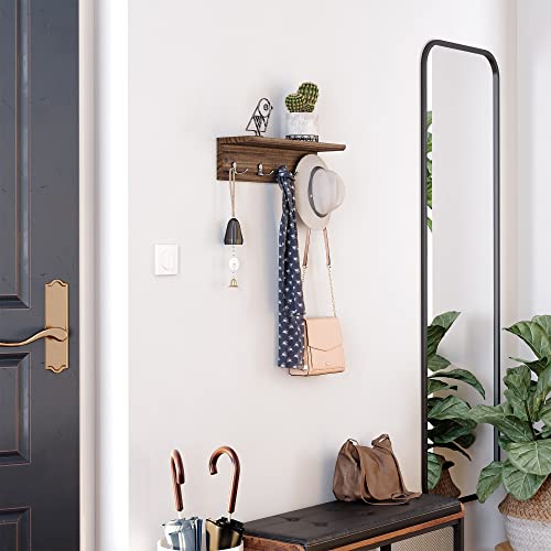 SONGMICS Coat Rack with Shelf, Wall-Mounted Coat Rack, with 4 Metal Dual Hooks for Coats, Bags, for Entryway, Bedroom, Living Room, Rustic Brown ULHR042X01