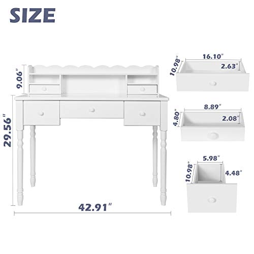 FUNKOCO White Writing Desk with Detachable Hutch& 5 Drawers,Modern Computer Workstation for Home Office,Vanity Table