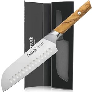 cutluxe santoku knife – 7" chopping knife – olive wood handle – full tang – olivery series