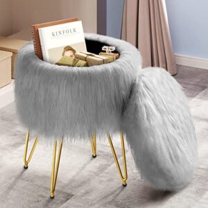 greenstell vanity stool chair with storage, 15.75" w x 19.29" h round faux fur ottoman with 4 metal legs, furry padded seat, modern multifunctional makeup stool for bedroom living room grey