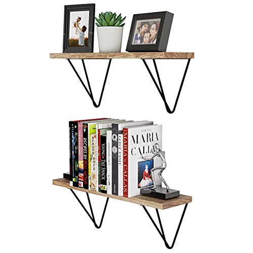 Wallniture Colmar Floating Book Shelves for Wall, 17"x 4.5" Rustic Bookshelf for Living Room Decor, Plant Shelf and CD DVD Storage Shelf Set of 2, Natural Burned