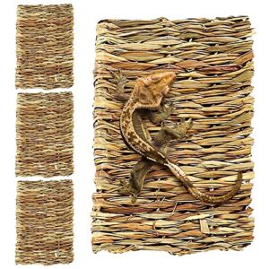 meric leopard & crested gecko grass mat, 4 pack, straw bedding floor mat for nesting cage, glass tank background décor, use as peg board in tank or cage to hang air plants, java fern, bird toys