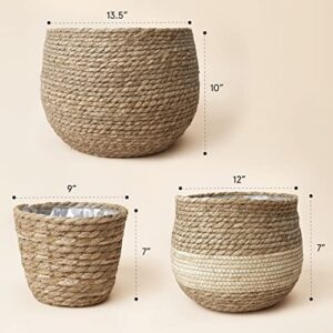 LA JOLIE MUSE Natural Seagrass Large Planter, Plant Pots Cover, Indoor Planters Flower Pots, 13.5+12+9 inch Pack 3