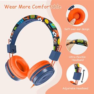 BASEMAN Kids Headphones with Microphone for School Foldable Earphones Kids On Ear Wired Headphones with Volume Control Corded Headset for Boys Girls Children Toddler Travel Computer - Orange