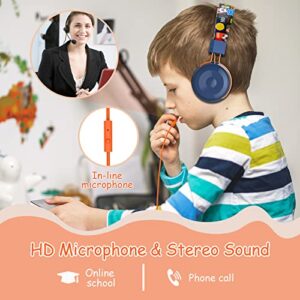 BASEMAN Kids Headphones with Microphone for School Foldable Earphones Kids On Ear Wired Headphones with Volume Control Corded Headset for Boys Girls Children Toddler Travel Computer - Orange