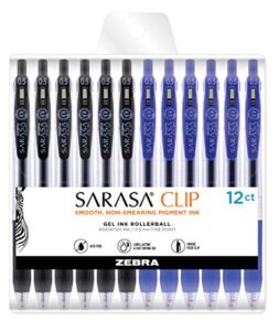zebra pen sarasa clip retractable gel pen, fine point, 0.5mm, black and blue ink, 12-pack