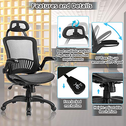 Home Office Chair Ergonomic Desk Chair High Back Computer Chair with Lumbar Support Flip-up Arms Headrest Adjustable Rolling Swivel Mesh Executive Chair for Women Men Adult, Black