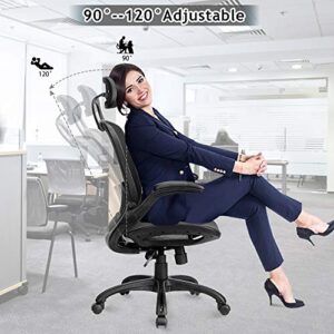 Home Office Chair Ergonomic Desk Chair High Back Computer Chair with Lumbar Support Flip-up Arms Headrest Adjustable Rolling Swivel Mesh Executive Chair for Women Men Adult, Black