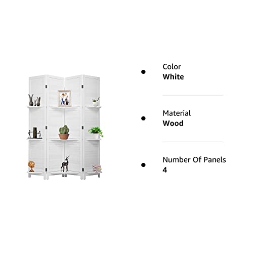 4 Panel Room Divider Folding Privacy Wooden Screen with Three Clever Shelf Portable Partition Screen Screen Wood for Home Office (White)