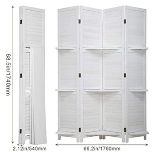 4 Panel Room Divider Folding Privacy Wooden Screen with Three Clever Shelf Portable Partition Screen Screen Wood for Home Office (White)