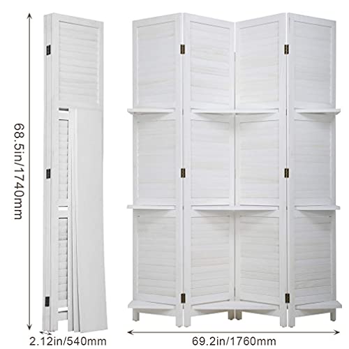 4 Panel Room Divider Folding Privacy Wooden Screen with Three Clever Shelf Portable Partition Screen Screen Wood for Home Office (White)