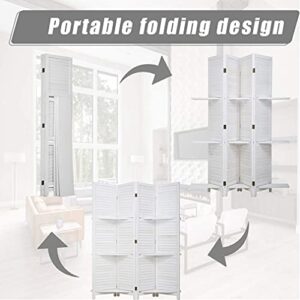 4 Panel Room Divider Folding Privacy Wooden Screen with Three Clever Shelf Portable Partition Screen Screen Wood for Home Office (White)