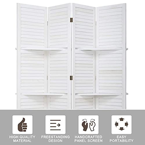 4 Panel Room Divider Folding Privacy Wooden Screen with Three Clever Shelf Portable Partition Screen Screen Wood for Home Office (White)