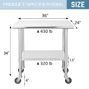 Hally Stainless Steel Table for Prep & Work 24 x 36 Inches with Caster Wheels, NSF Commercial Heavy Duty Table with Undershelf and Galvanized Legs for Restaurant, Home and Hotel