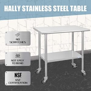 Hally Stainless Steel Table for Prep & Work 24 x 36 Inches with Caster Wheels, NSF Commercial Heavy Duty Table with Undershelf and Galvanized Legs for Restaurant, Home and Hotel